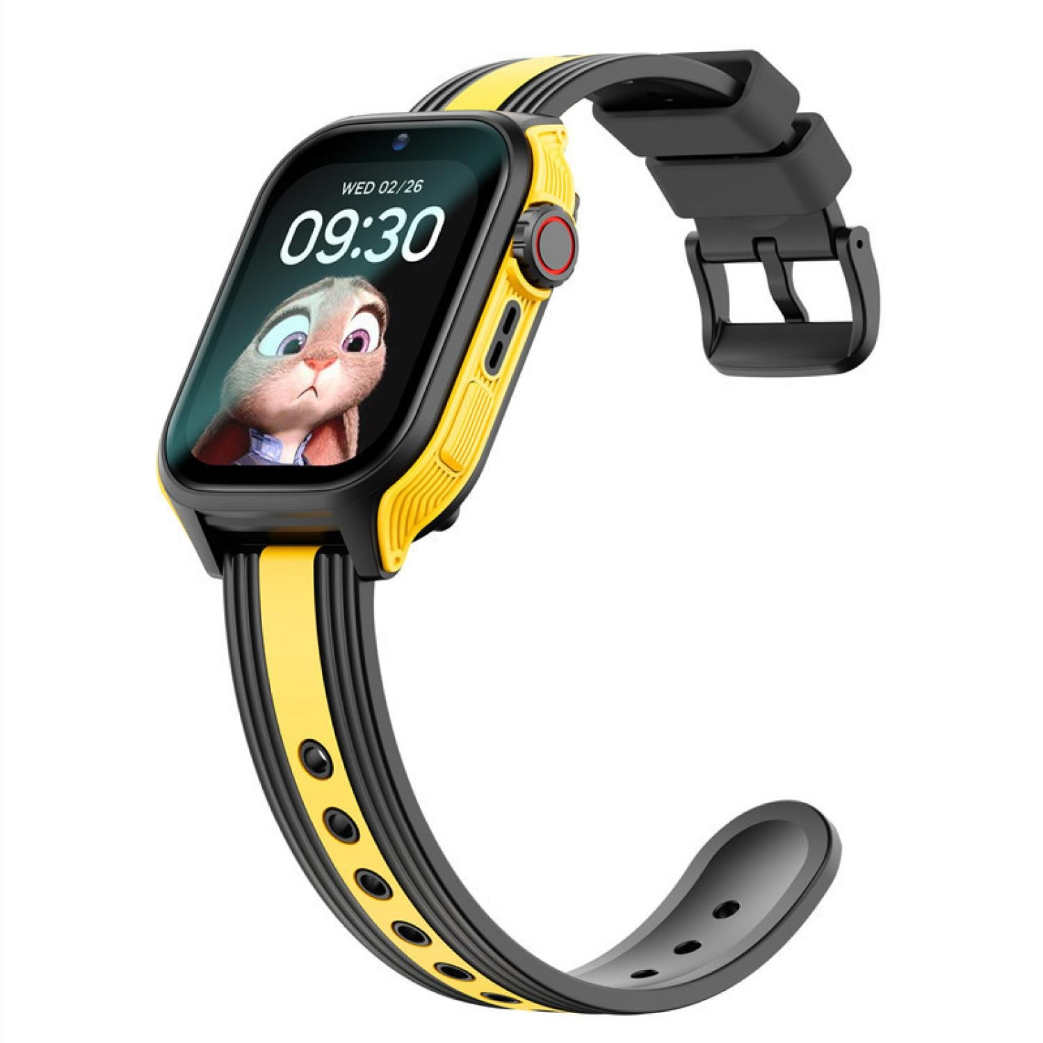 Eine gelbe und schwarze Smartwatch mit einem Cartoon-Hasen auf dem Bildschirm zeigt 09:30.