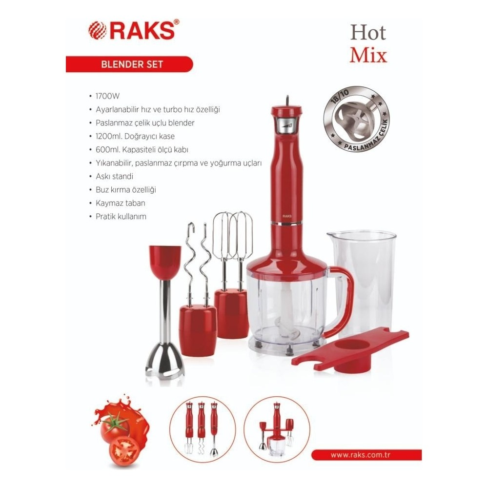 Ölçü kabı ve çırpıcı gibi aksesuarlara sahip kırmızı Raks el blender seti.