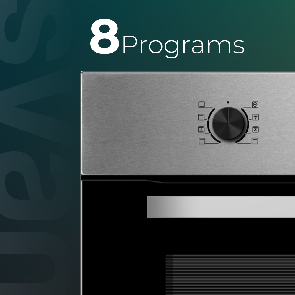 Horno con 8 programas y un mando giratorio. Acabado metálico plateado.