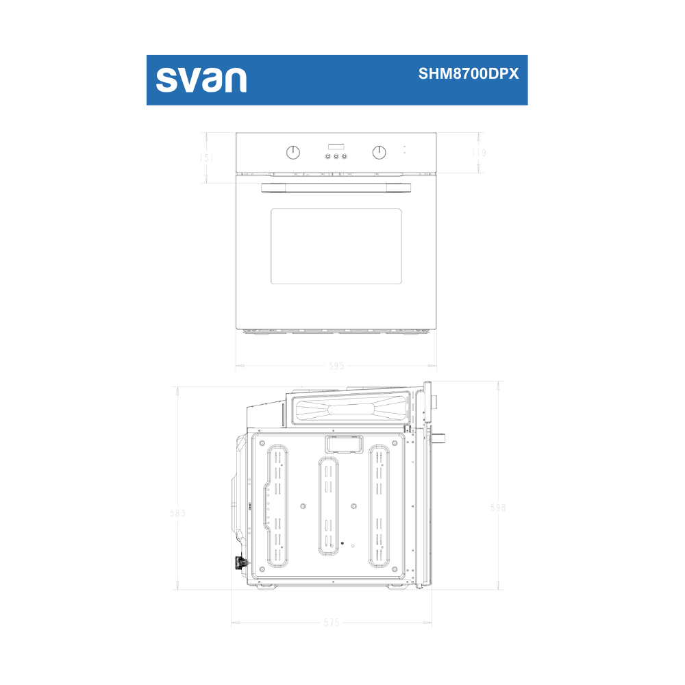 Dibujo técnico de un horno empotrable con dimensiones y logo Svan.