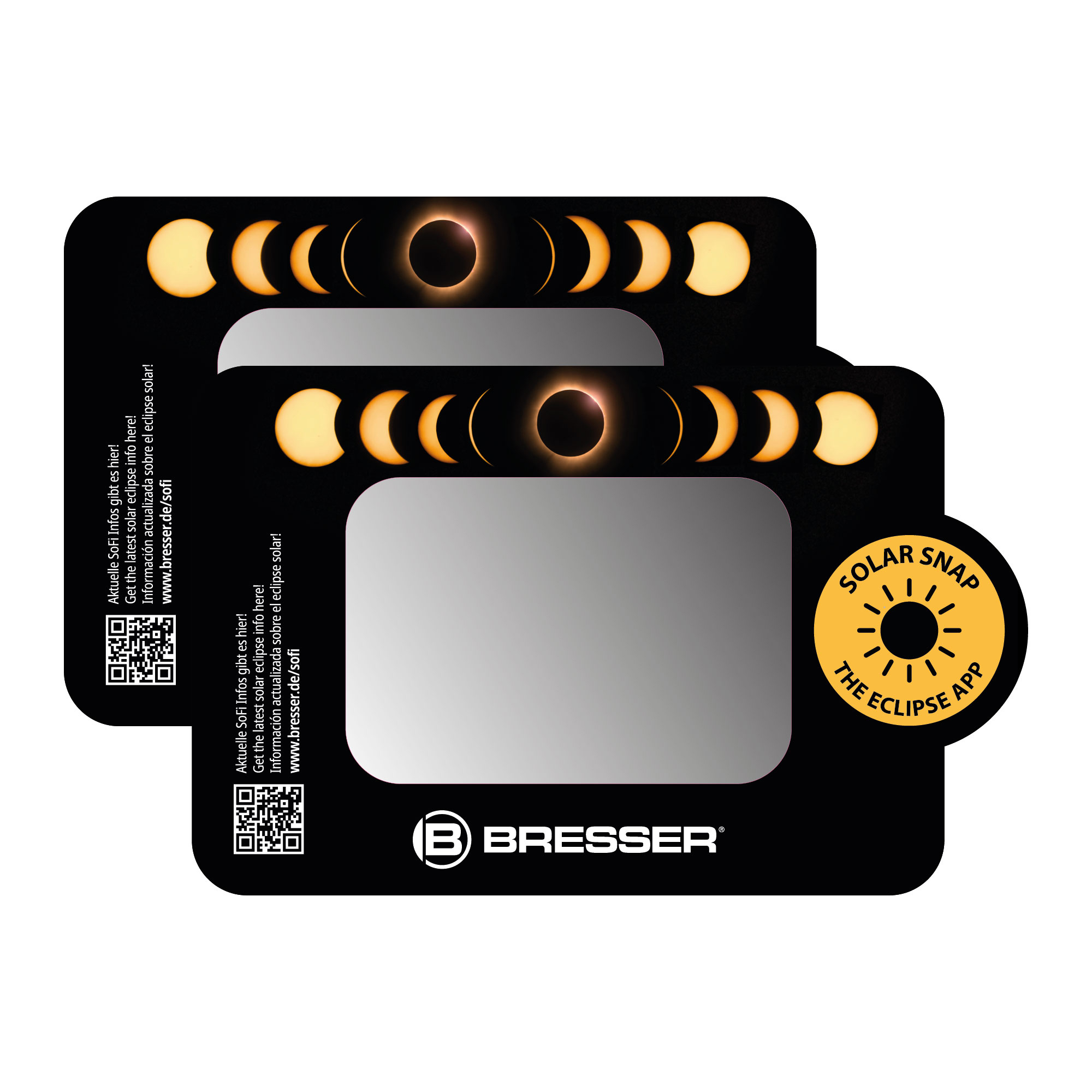 Filtro solar con fases de eclipse solar y logo de Bresser. App Solar Snap.