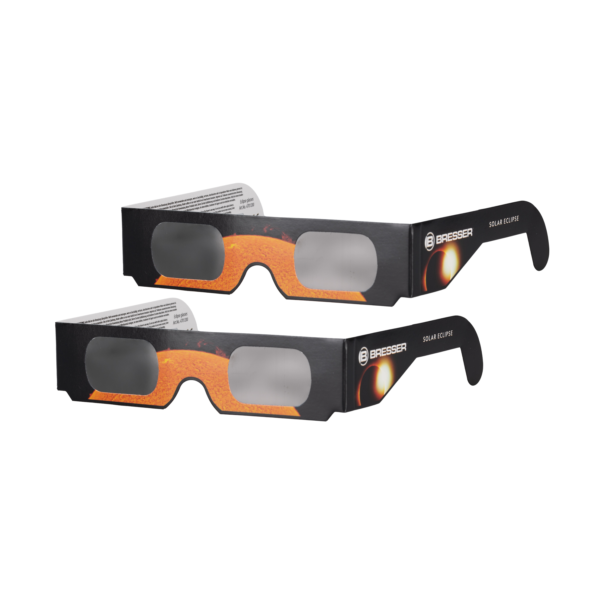 Dos pares de gafas de eclipse solar negras con gráfico de sol, sobre fondo blanco.