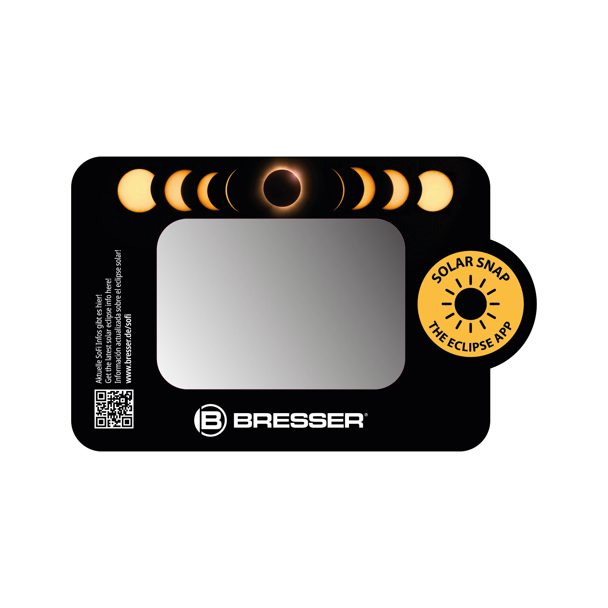 Fases de un eclipse solar mostradas con logo de Bresser e info de app.