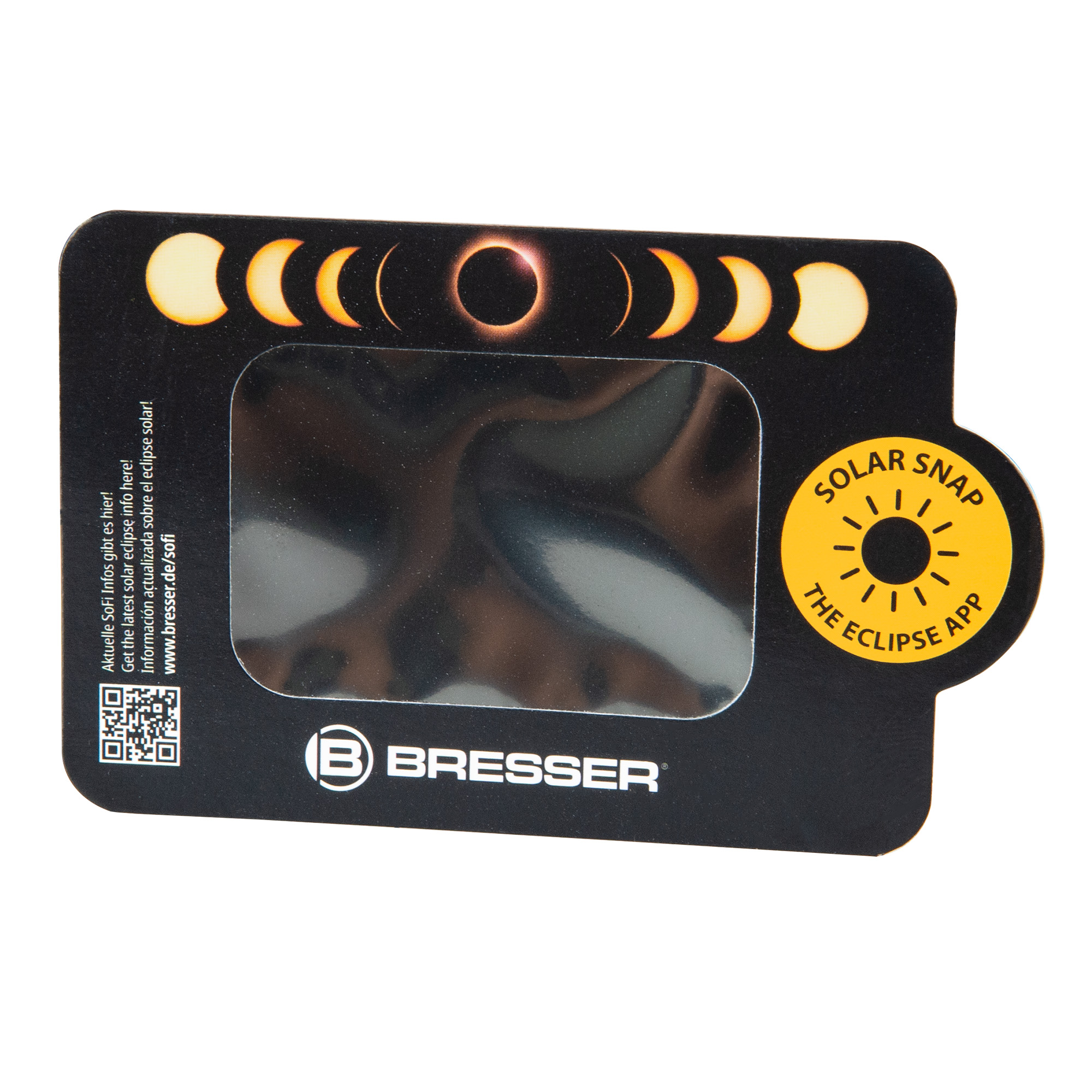 App Solar Snap: Fases del eclipse en cartón negro con logo Bresser.
