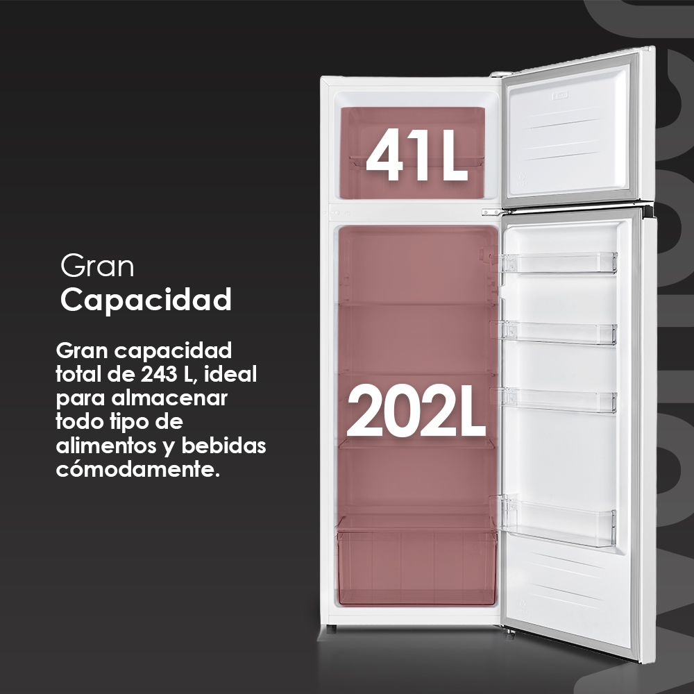 Un refrigerador blanco con la puerta abierta, mostrando 41L de congelador y 202L de nevera.