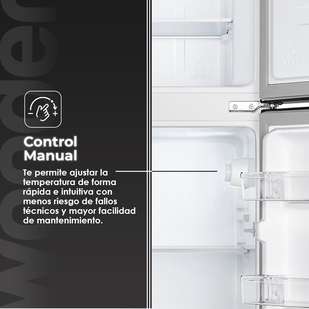 Un refrigerador abierto con sección de control manual y texto.