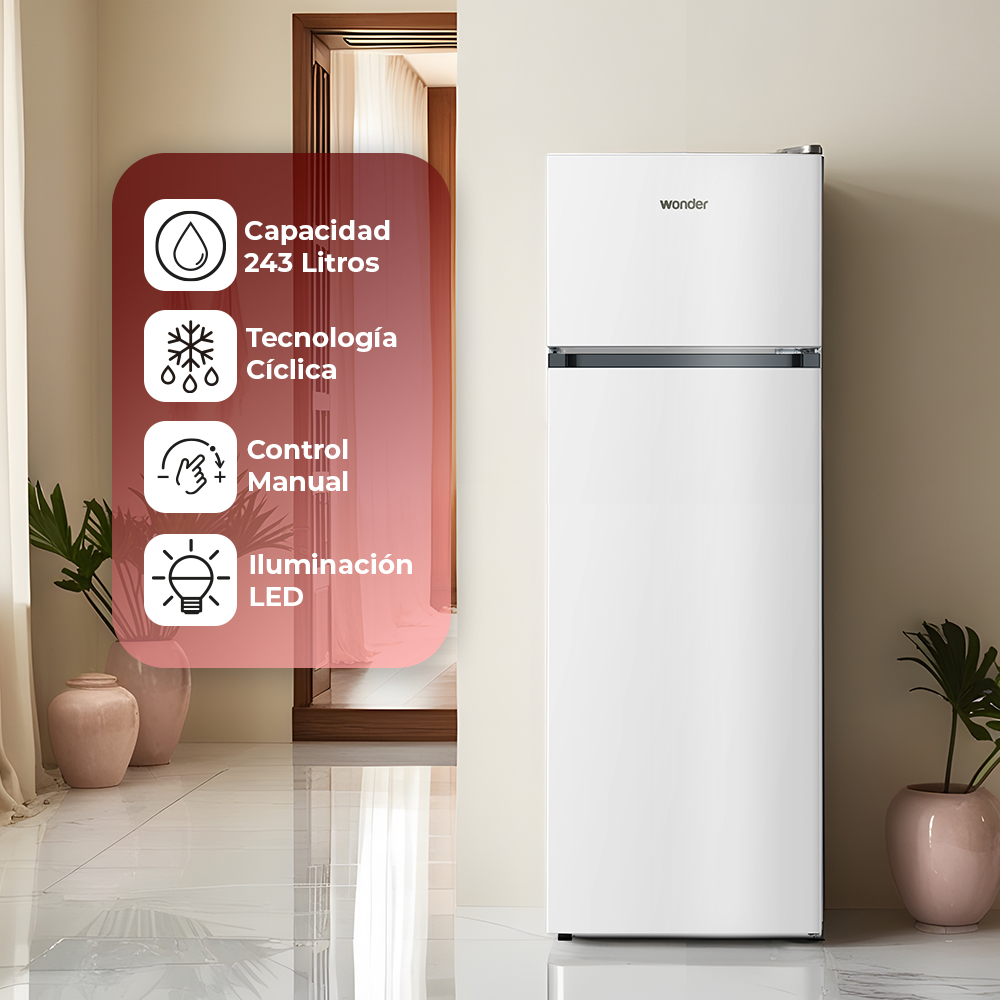 Un refrigerador blanco de dos puertas en una habitación luminosa. Iconos a la izquierda.