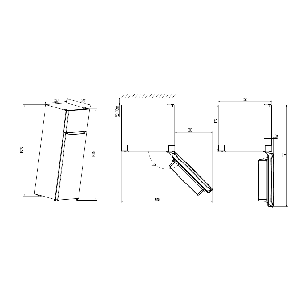 Dibujo técnico de un refrigerador con dimensiones y vistas.