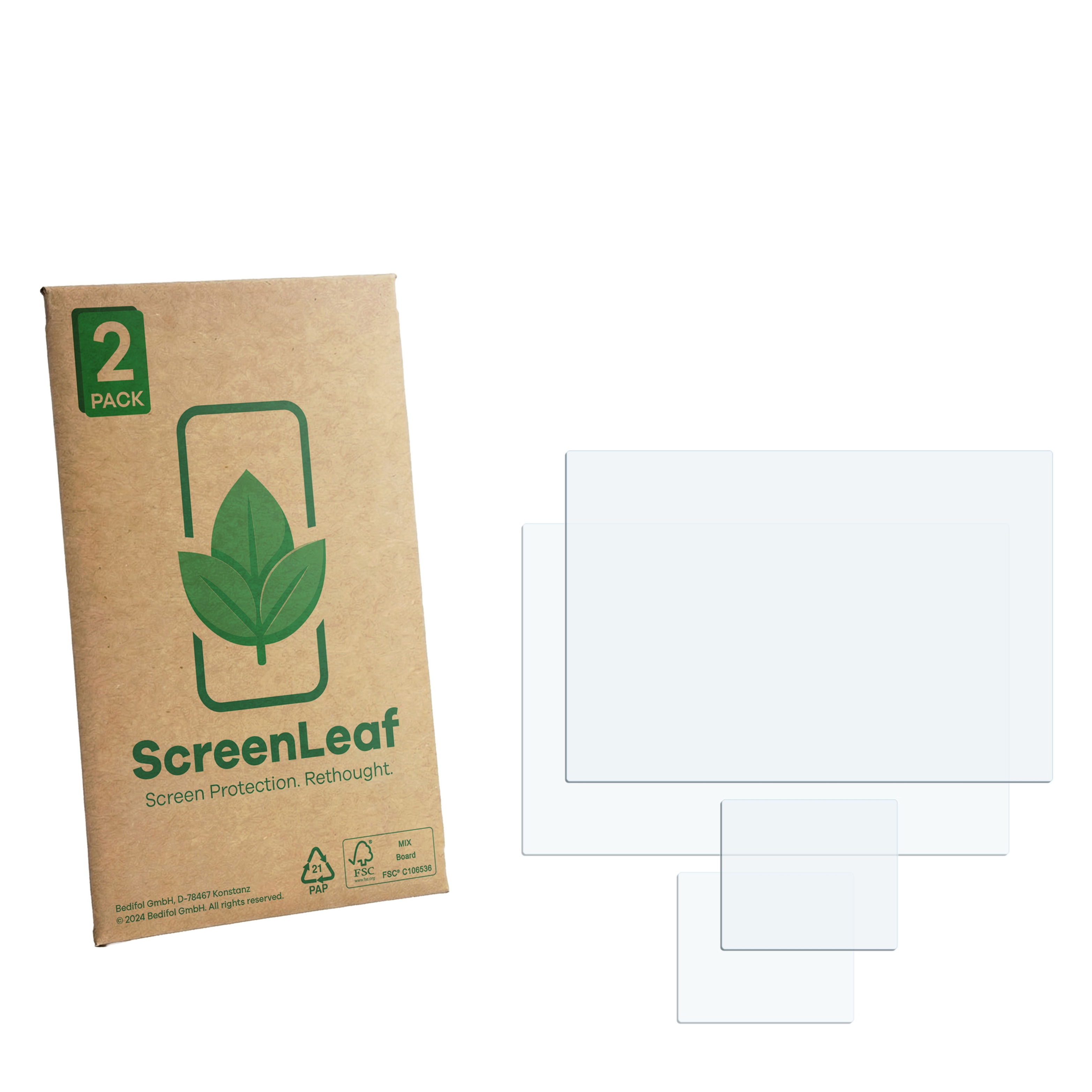 Ein braunes Paket mit "2 PACK" und einem grünen Blatt-Logo. Daneben liegen klare Schutzfolien.