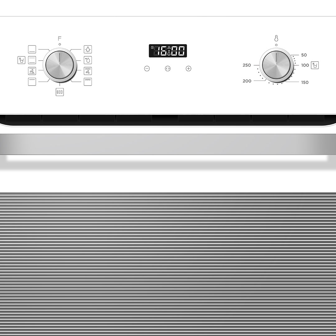 Panel de control de horno blanco con pantalla digital (16:00), dos perillas e iconos.