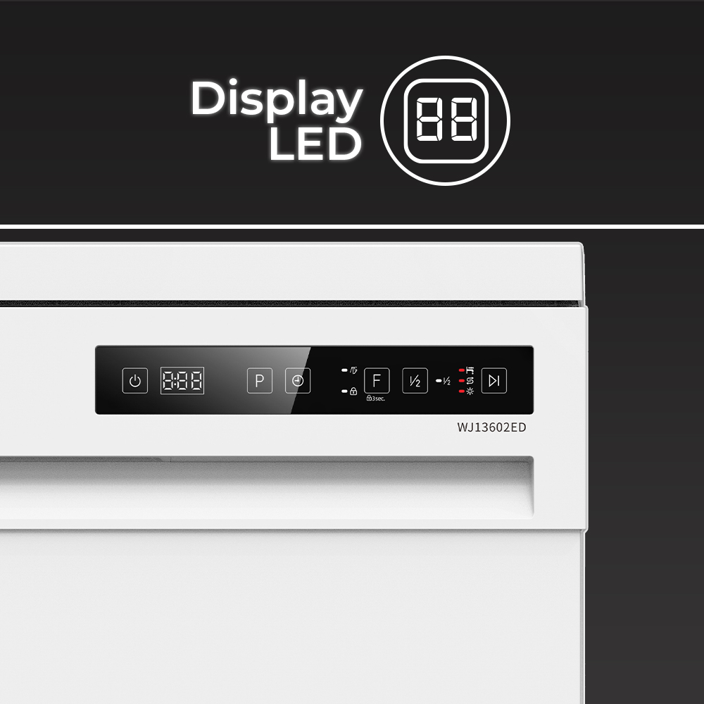 Un panel de control blanco con pantalla LED e iconos de encendido, programa y tiempo.
