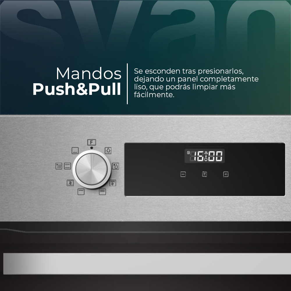 Horno moderno con mandos retráctiles y pantalla digital que muestra 16:00.