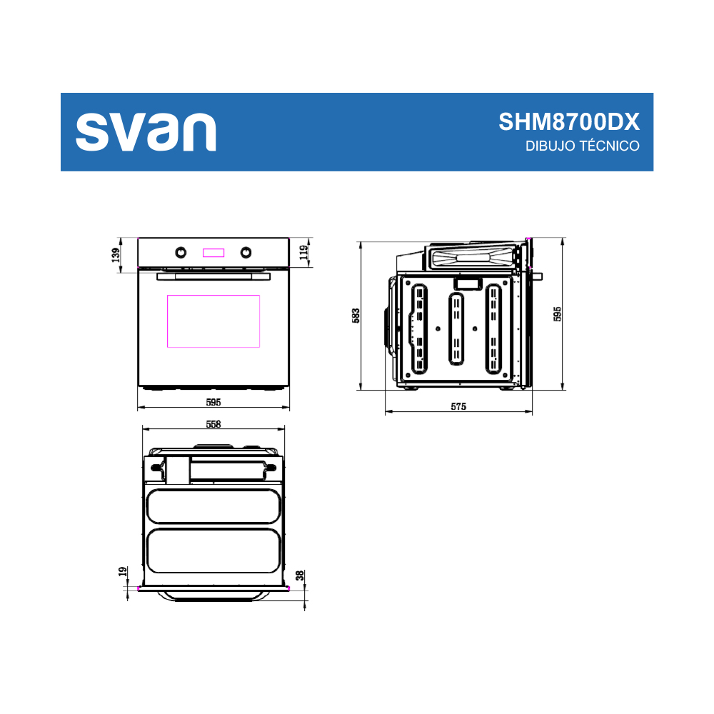 Dibujo técnico de un horno empotrable con dimensiones y marca.