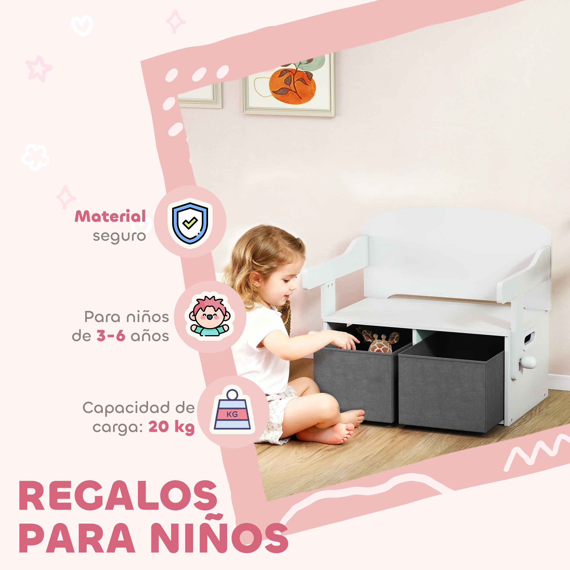 Una niña pequeña se sienta en el suelo, abriendo un cubo de almacenamiento de un banco blanco con almacenamiento.