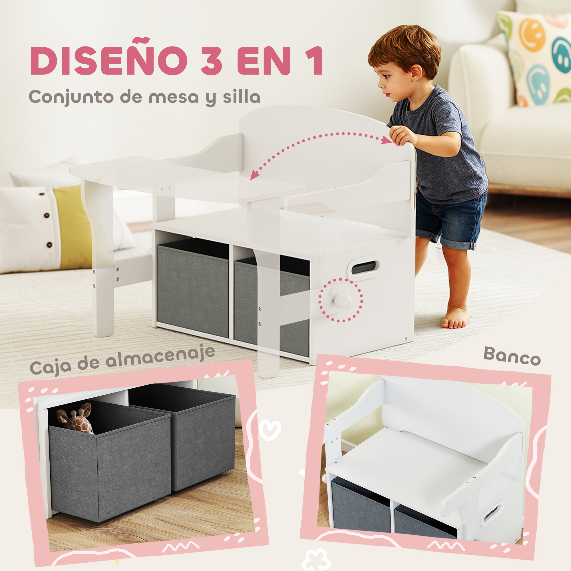 Un niño junto a un mueble blanco 3 en 1 con cajas de almacenamiento.