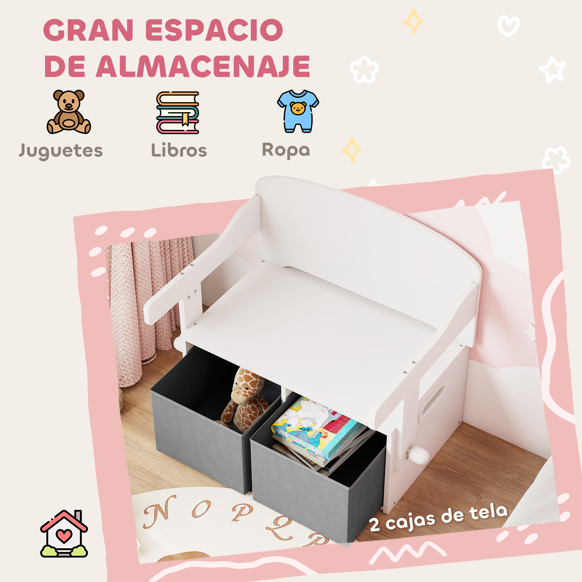 Un escritorio infantil blanco con contenedores y juguetes.
