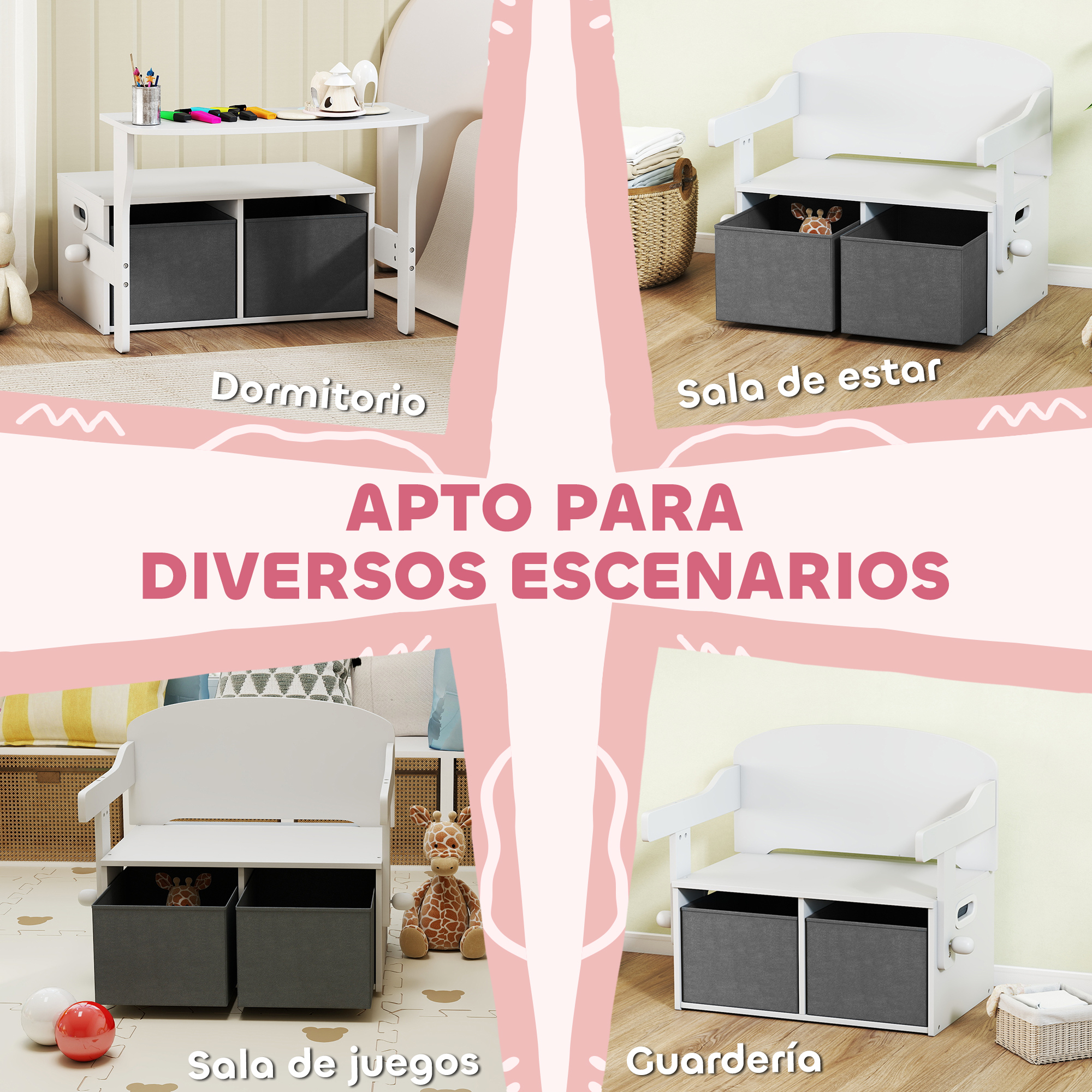 Un juego de almacenamiento infantil blanco con banco y cubos.