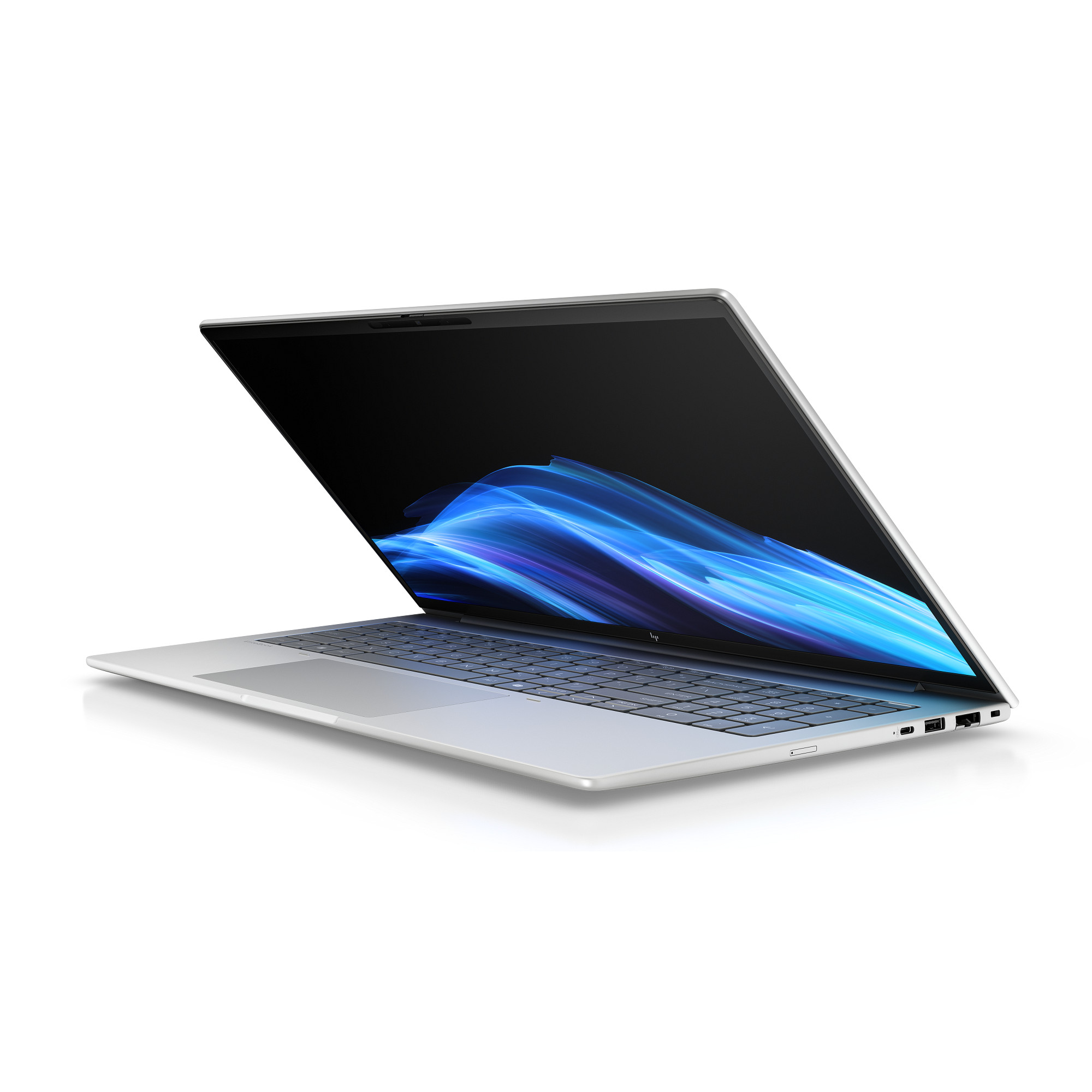 Ein silberner Laptop mit geöffnetem Bildschirm, der ein blaues, fließendes Muster zeigt.