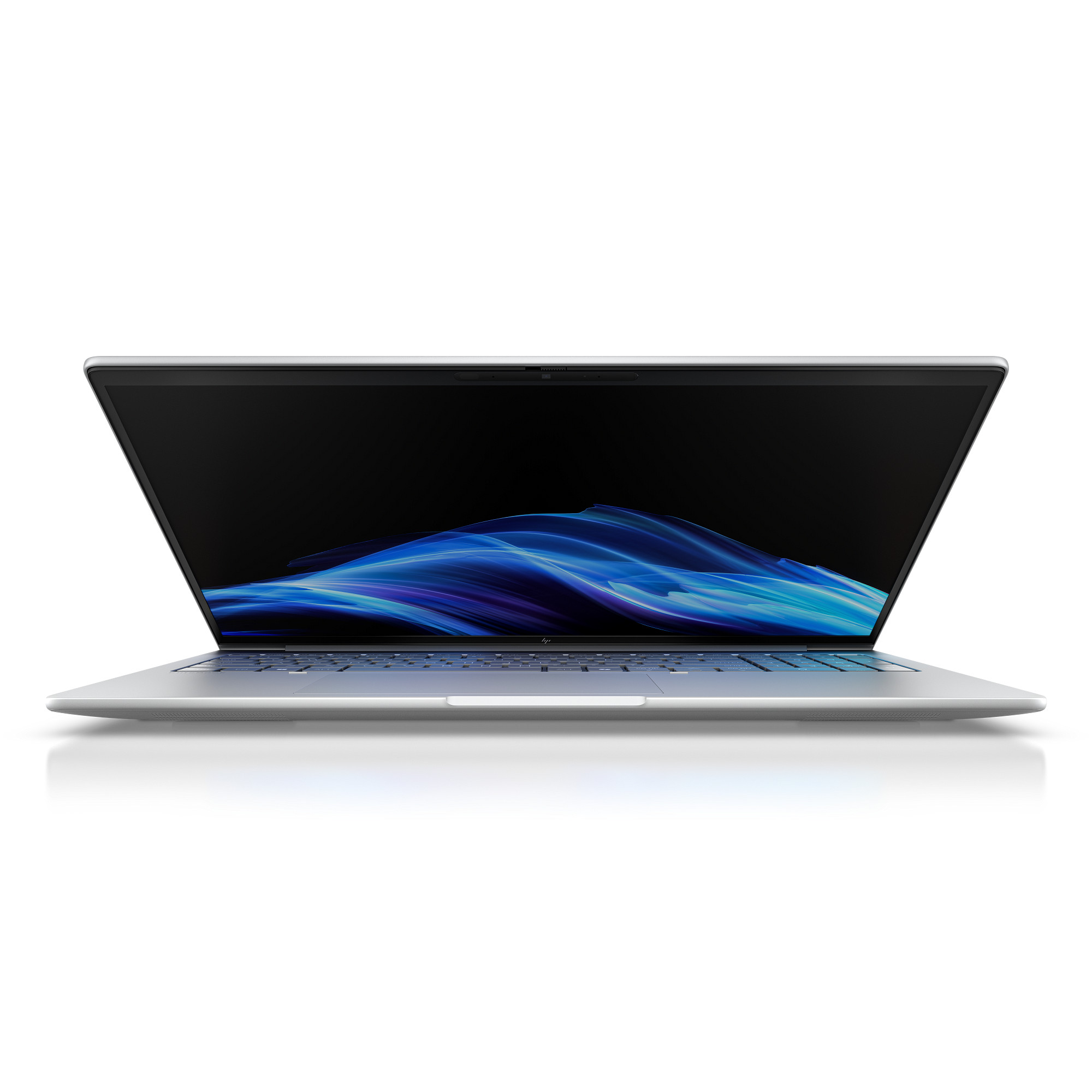 Ein offener Laptop mit einem blauen, wellenförmigen Hintergrundbild auf dem Bildschirm.