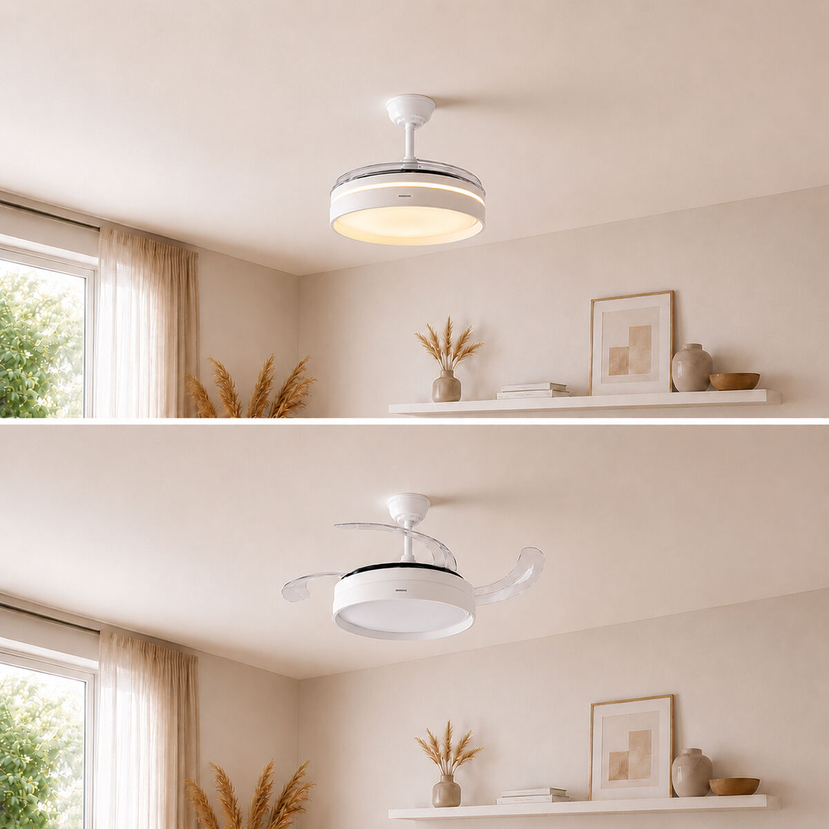 Eine Deckenleuchte mit Ventilator, oben leuchtend, unten mit ausklappbaren Rotorblättern.