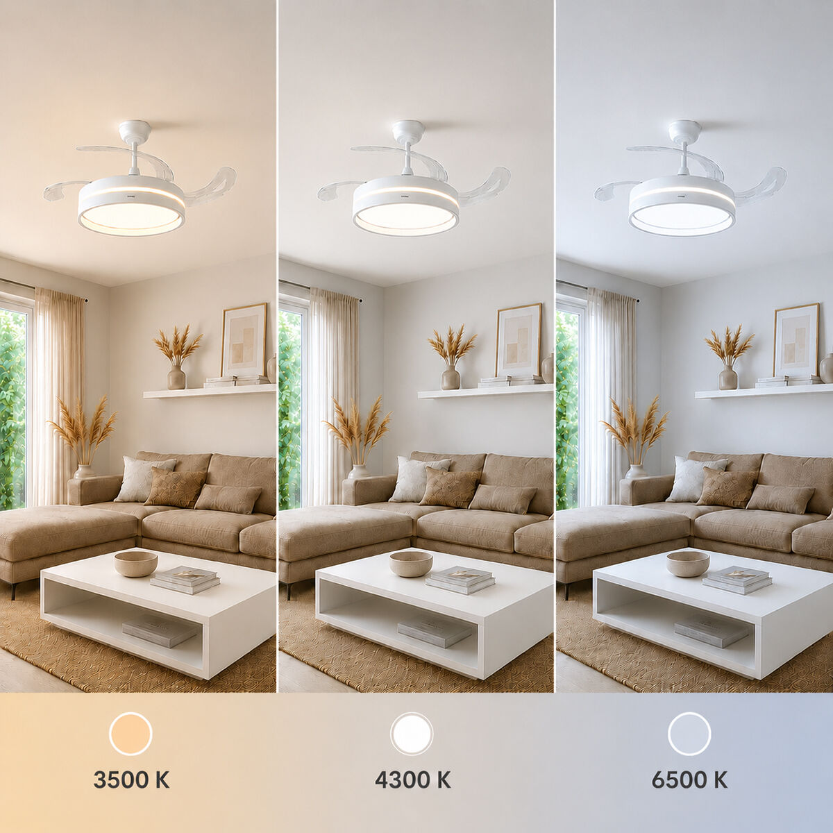Ein Wohnzimmer mit Deckenventilator-Licht in drei verschiedenen Farbtemperaturen.