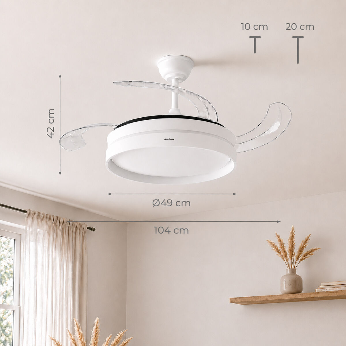 Weiße Deckenventilatorlampe mit einziehbaren Klingen und Maßen.