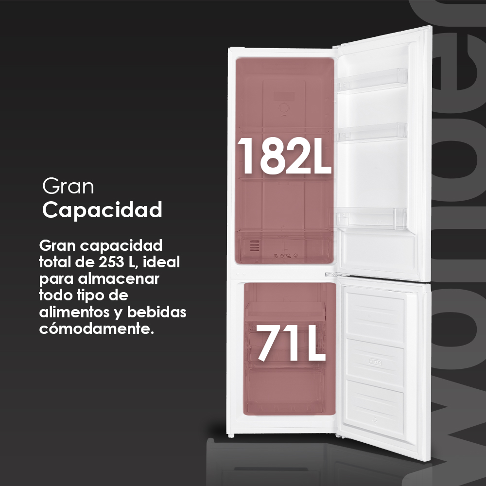 Refrigerador blanco con puertas abiertas. Las secciones de refrigerador y congelador tienen 182 L y 71 L.