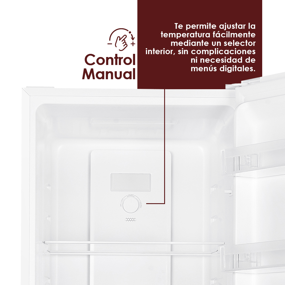 Interior de un refrigerador blanco con control manual de temperatura y texto.