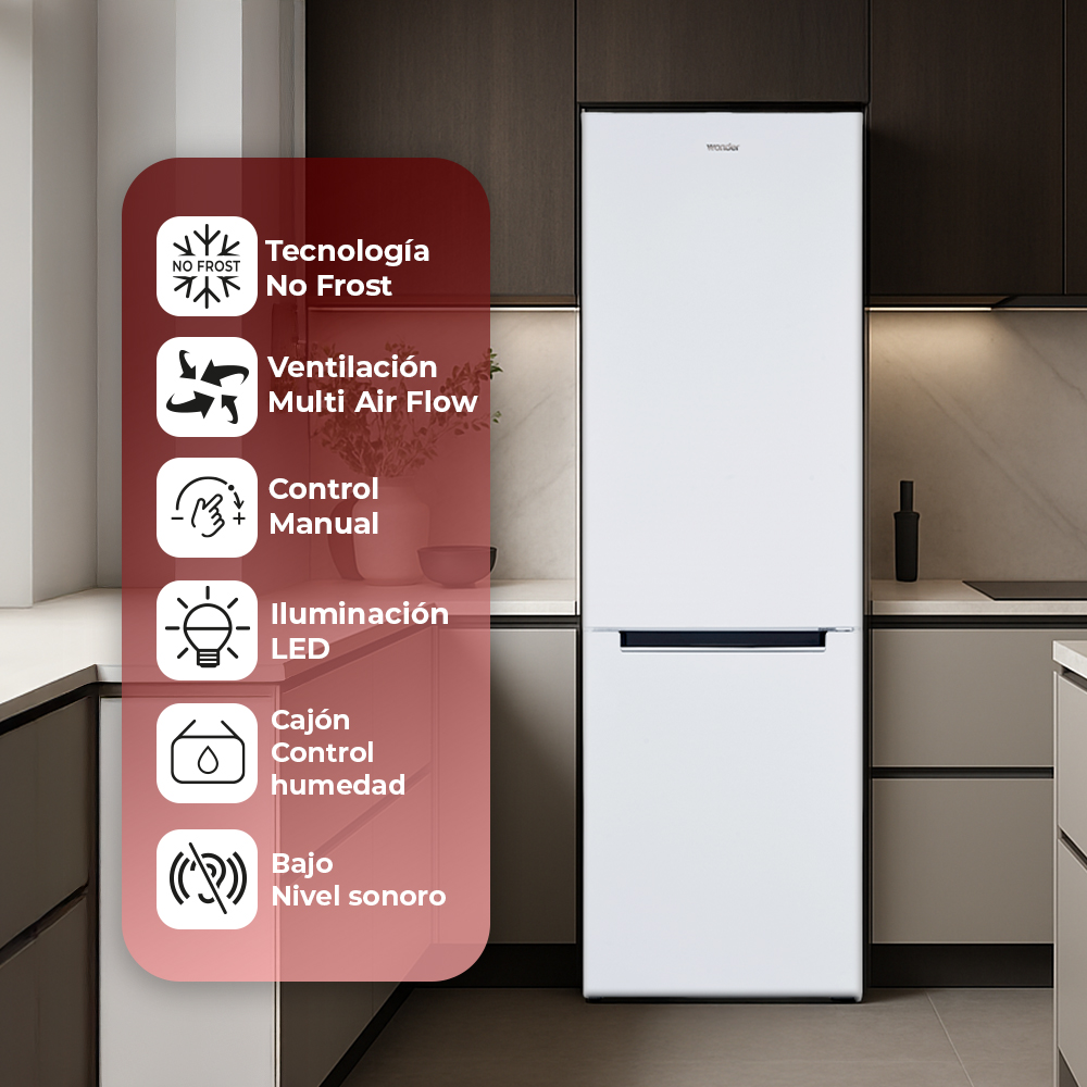 Refrigerador-congelador blanco con tecnología No Frost, iluminación LED y flujo de aire móltiple.