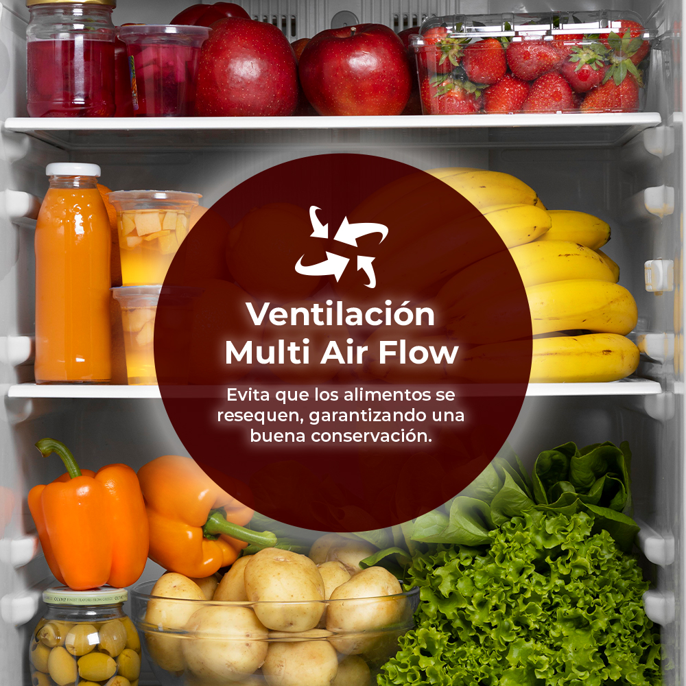 Un refrigerador con frutas, verduras, jugo y plátanos. Un círculo indica ventilación.