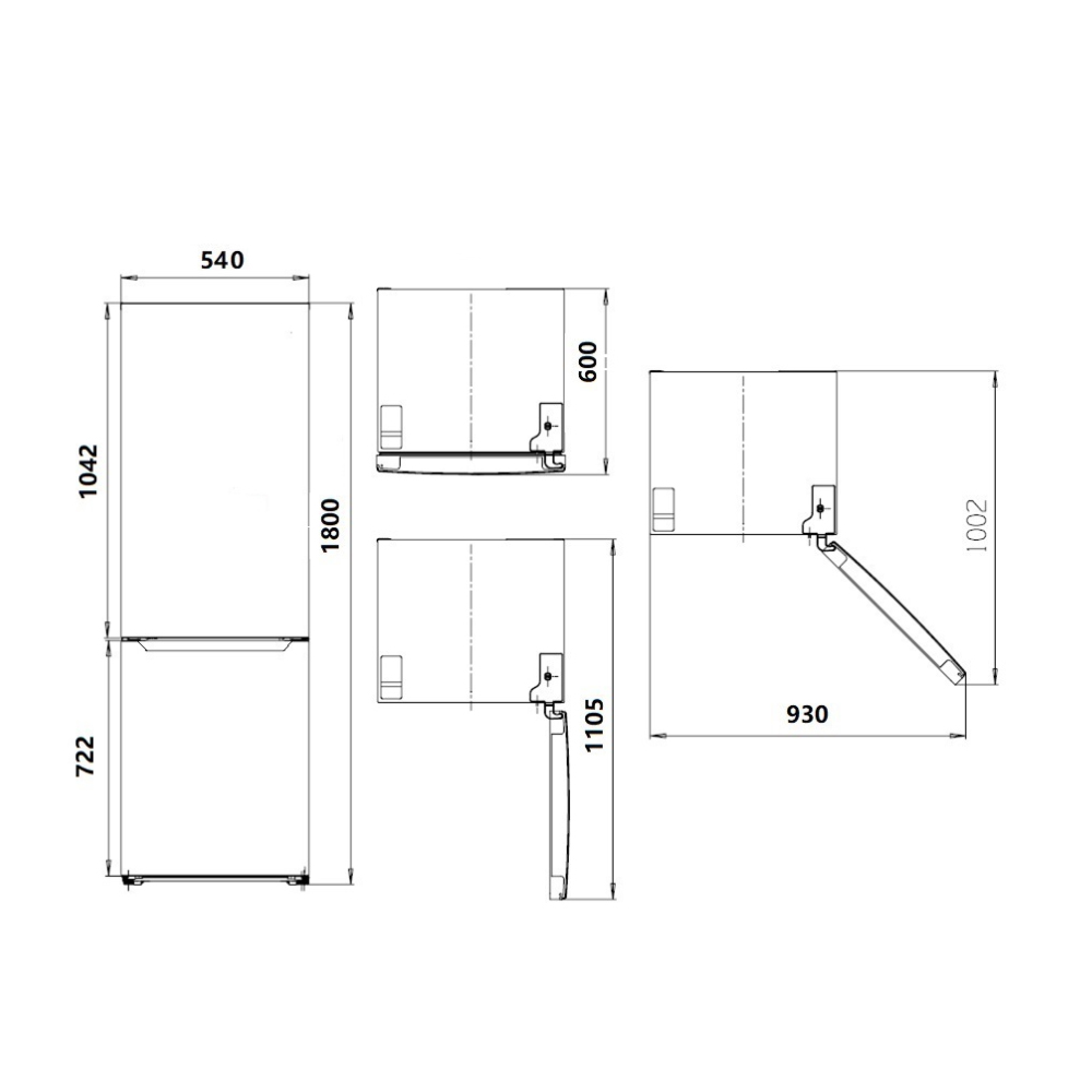 Dibujo técnico de un frigorífico con dimensiones y puerta abierta.