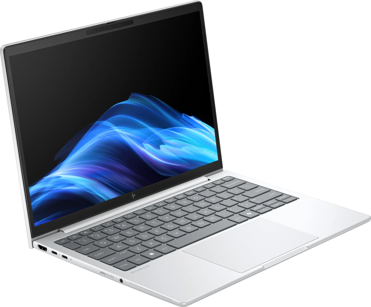Ein silberner Laptop mit einem blauen, abstrakten Hintergrund auf dem Bildschirm.