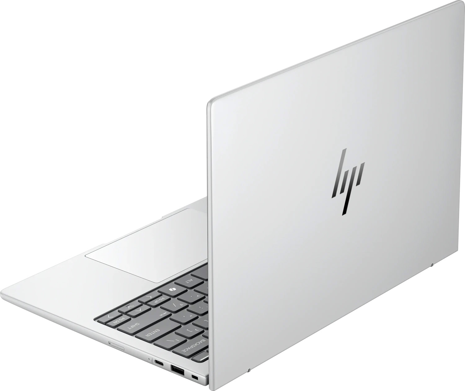 Ein silberner HP Laptop mit beleuchteter Tastatur und Logo ist auf weißem Hintergrund zu sehen.