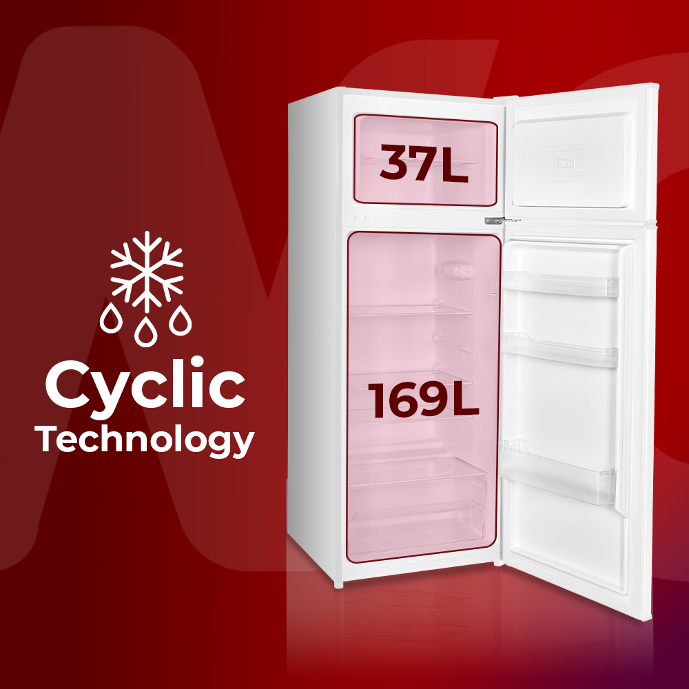Refrigerador blanco con puerta abierta. Muestra capacidad de congelador de 37L y refrigerador de 169L.
