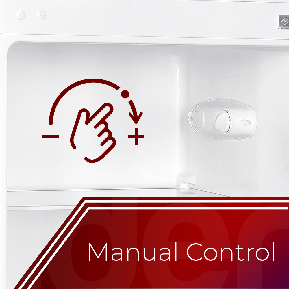 Icono de control manual con mano, símbolos de menos y más sobre fondo blanco.