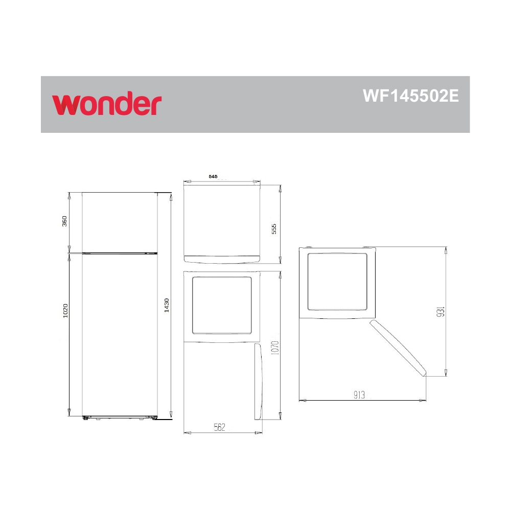 Dibujo técnico de un frigorífico de dos puertas con dimensiones.