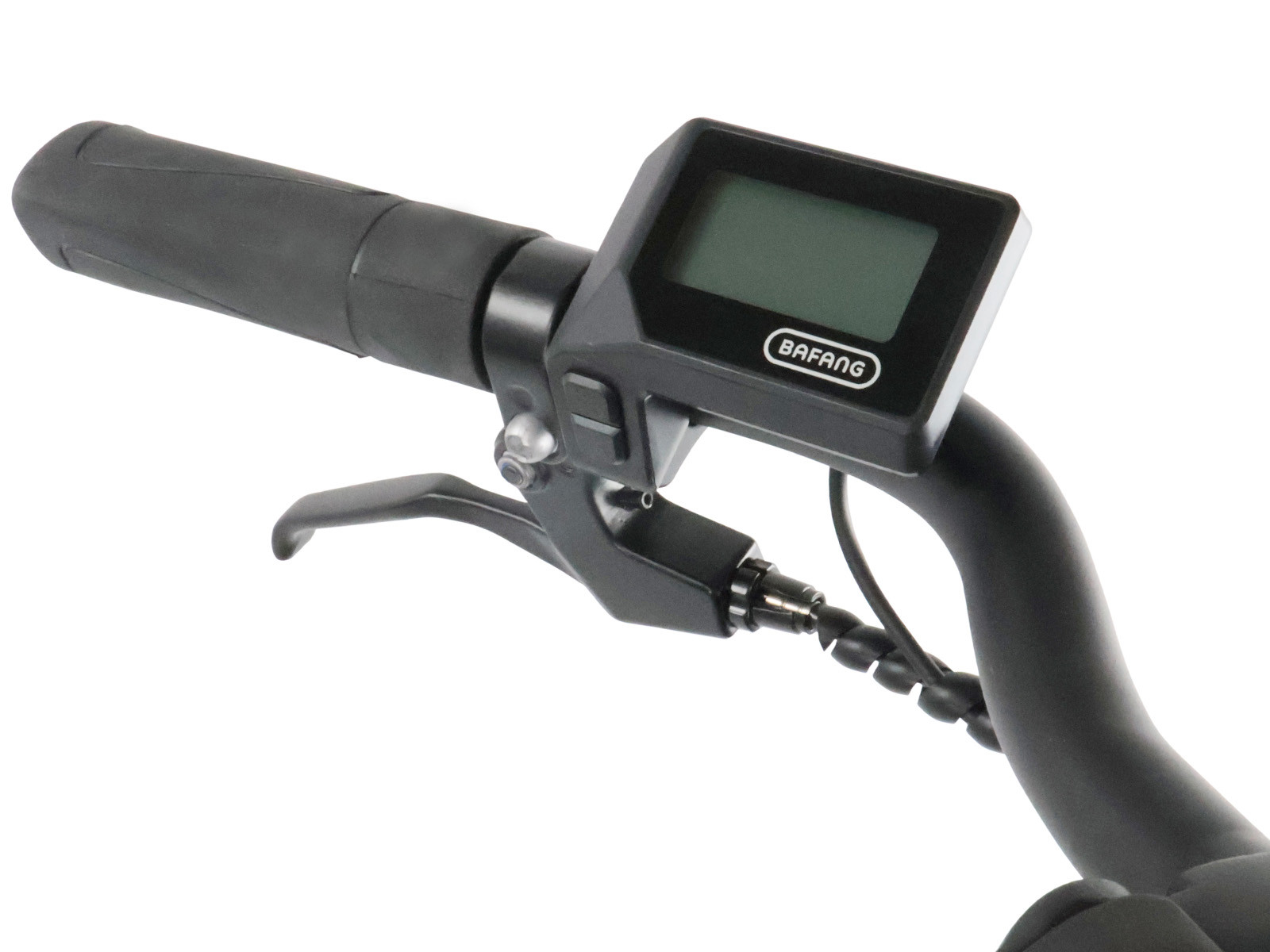 Nahaufnahme eines Fahrradlenkers mit Griff, Bremshebel und Bafang-Display.