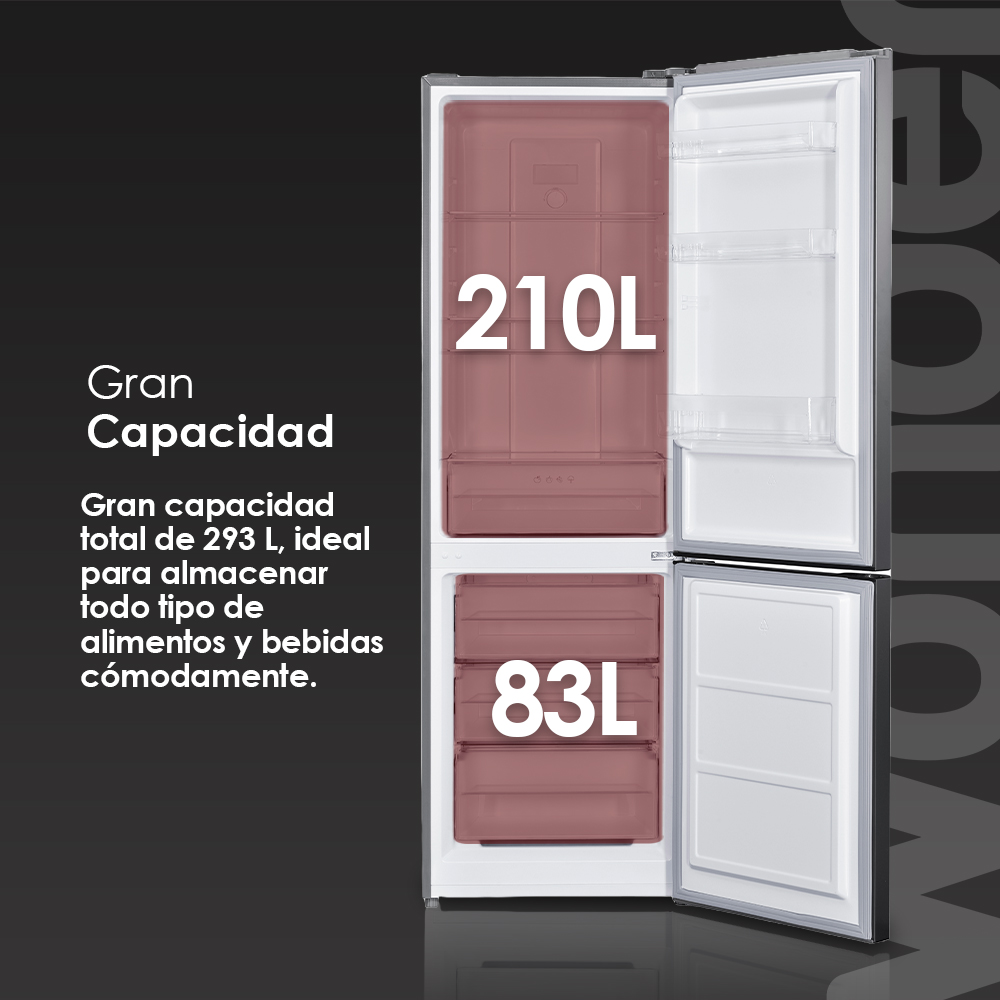 Refrigerador abierto con 210L arriba y 83L abajo. Texto destaca gran capacidad.