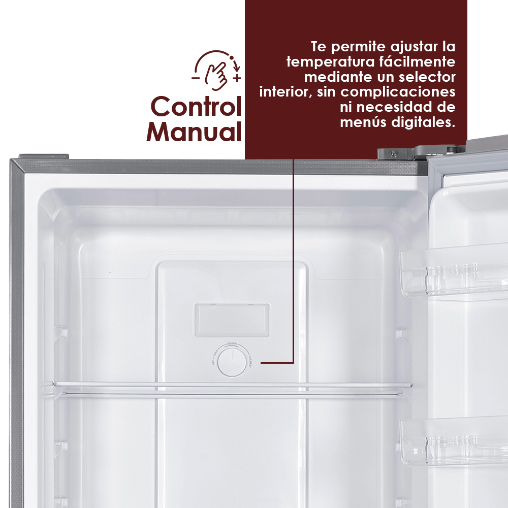 Vista interior de un refrigerador con control manual de temperatura.