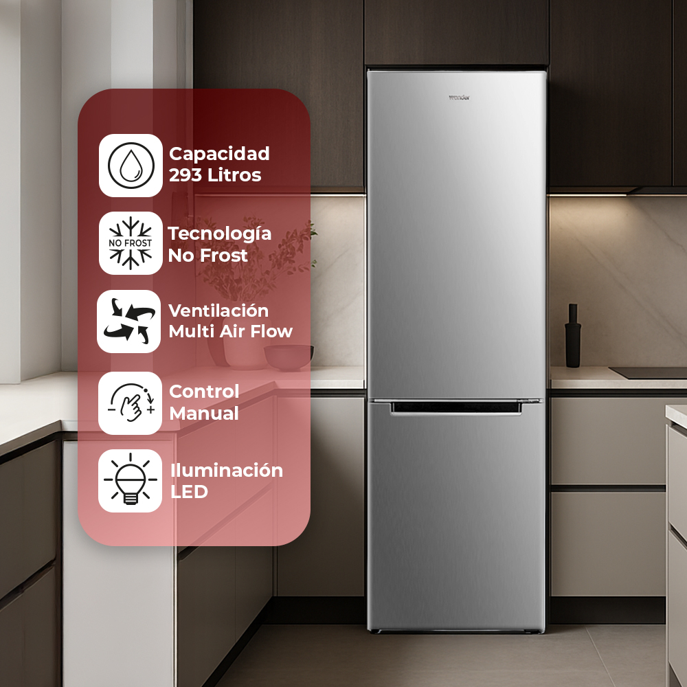 Refrigerador plateado con cajón congelador en cocina moderna. Iconos con texto a la izquierda.
