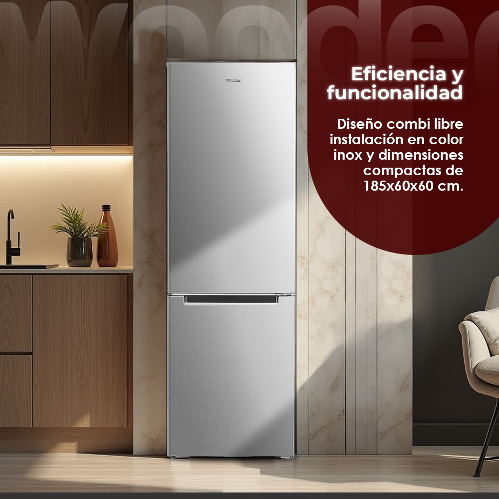 Moderno refrigerador plateado con congelador en una cocina.