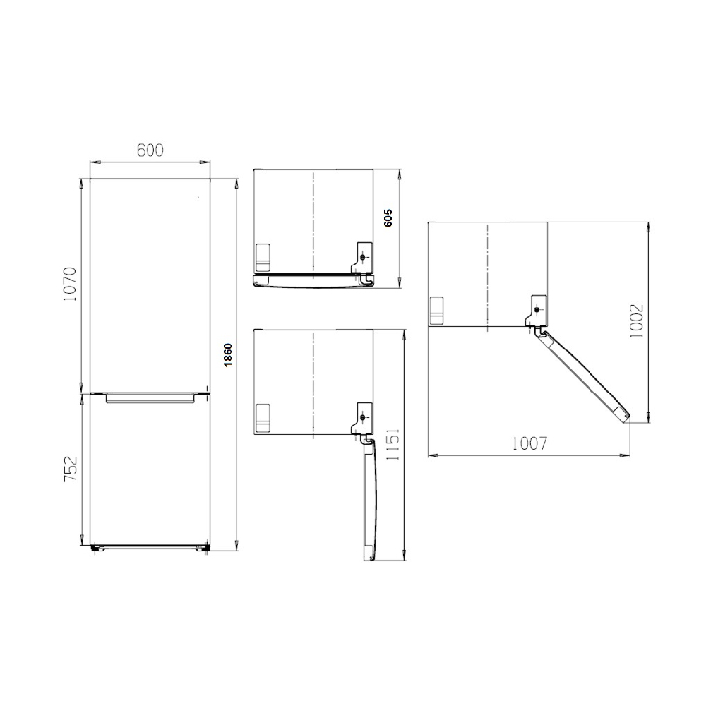 Dibujo técnico de un refrigerador con dimensiones. Vistas frontal, lateral y superior.