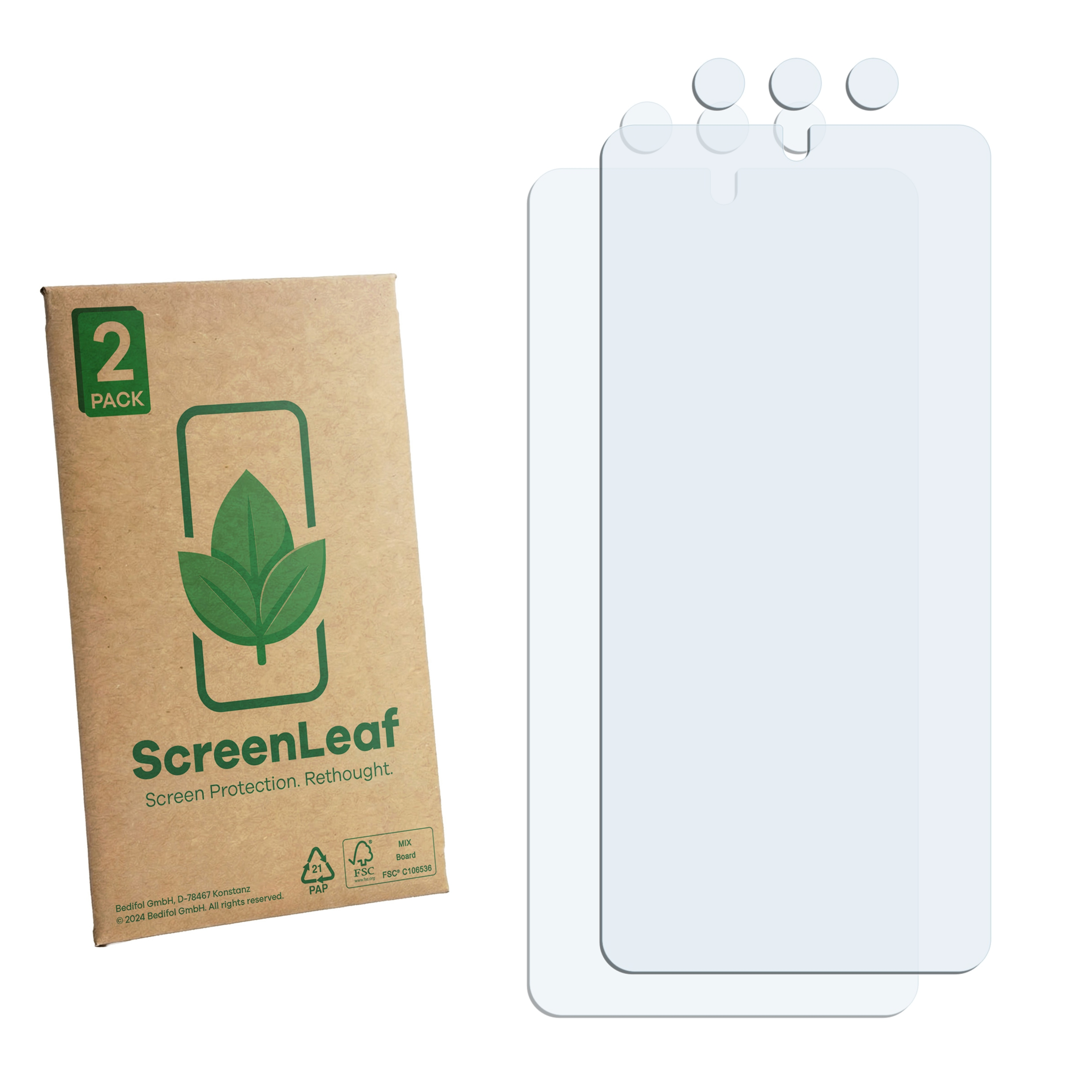 Zwei Displayschutzfolien und eine Verpackung mit dem ScreenLeaf-Logo.