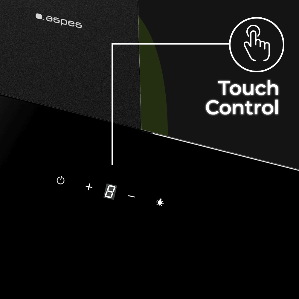 Logo de Aspes en placa negra con controles táctiles y pantalla digital.