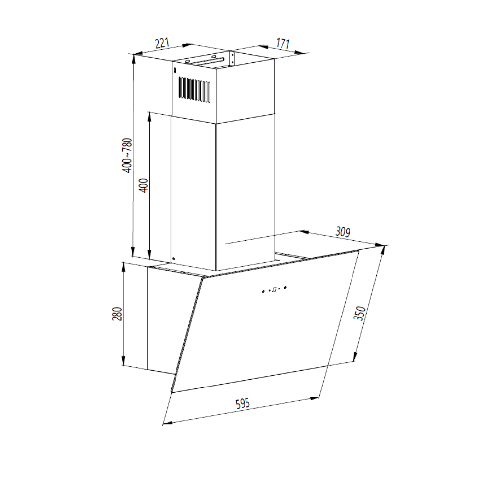 Dibujo técnico de una campana extractora con dimensiones.