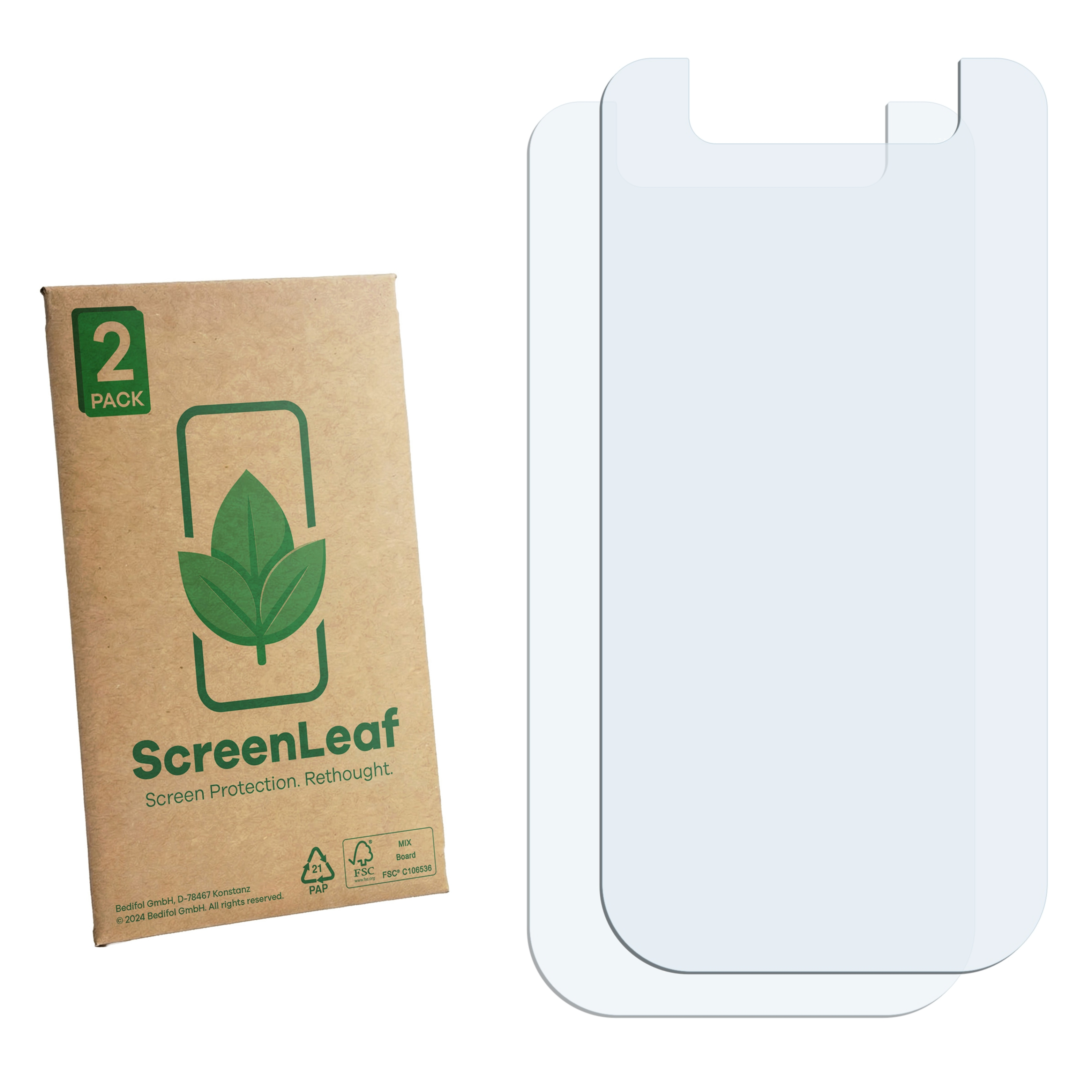 Zwei durchsichtige Displayschutzfolien neben einer braunen Verpackung mit grüner Aufschrift.