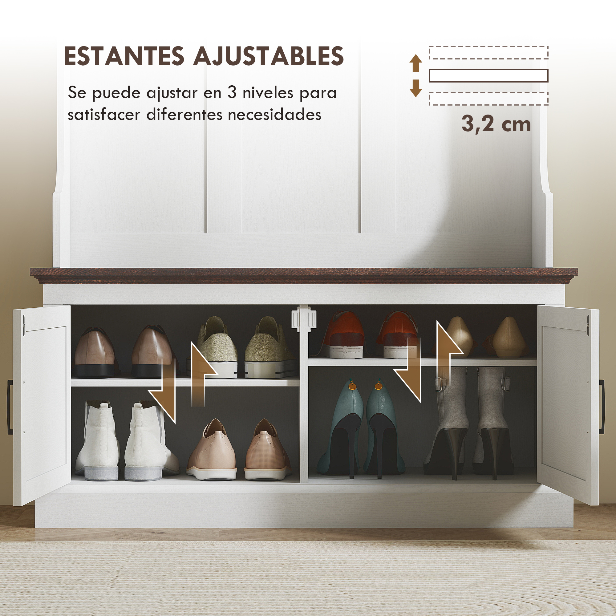 Zapatero con varios estantes que albergan diferentes zapatos, con indicación de tamaño.