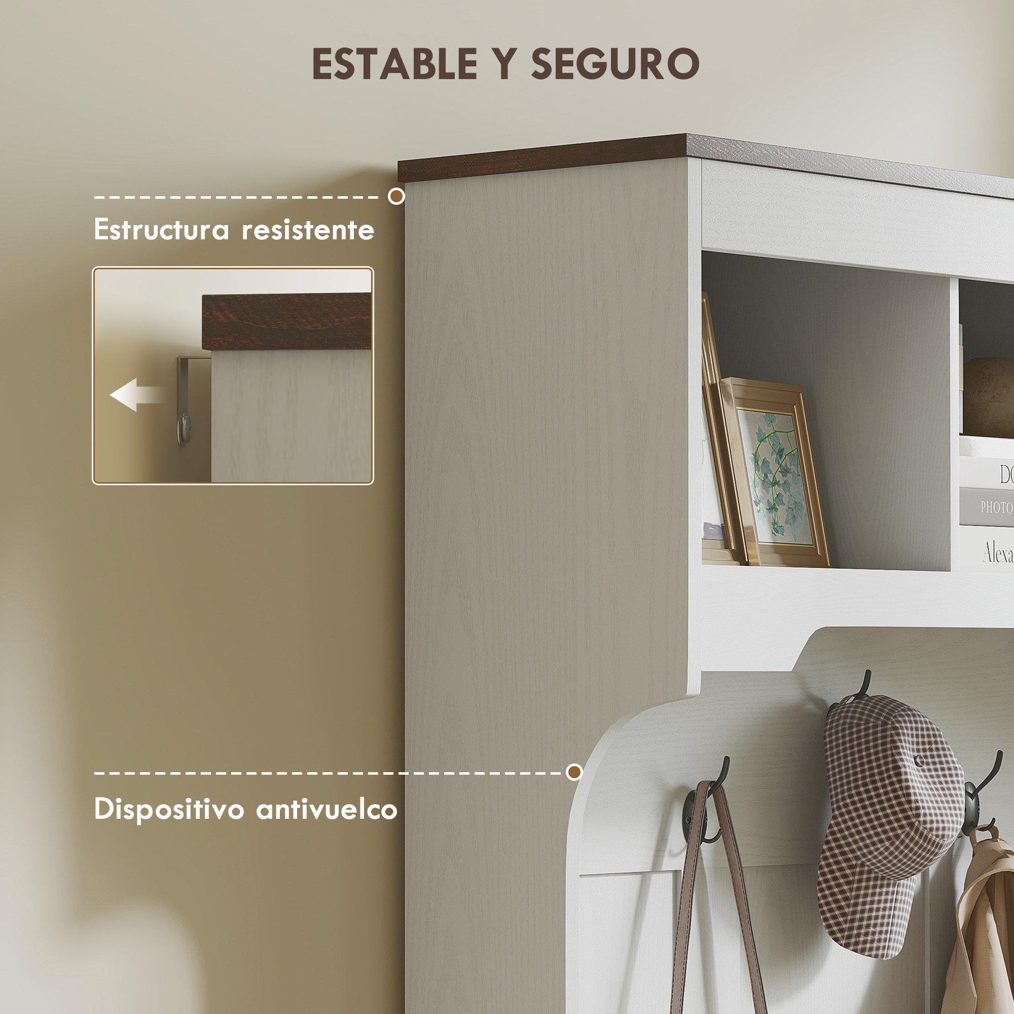 Un mueble con cuadro, gorra y ganchos. Incluye dispositivo antivuelco.