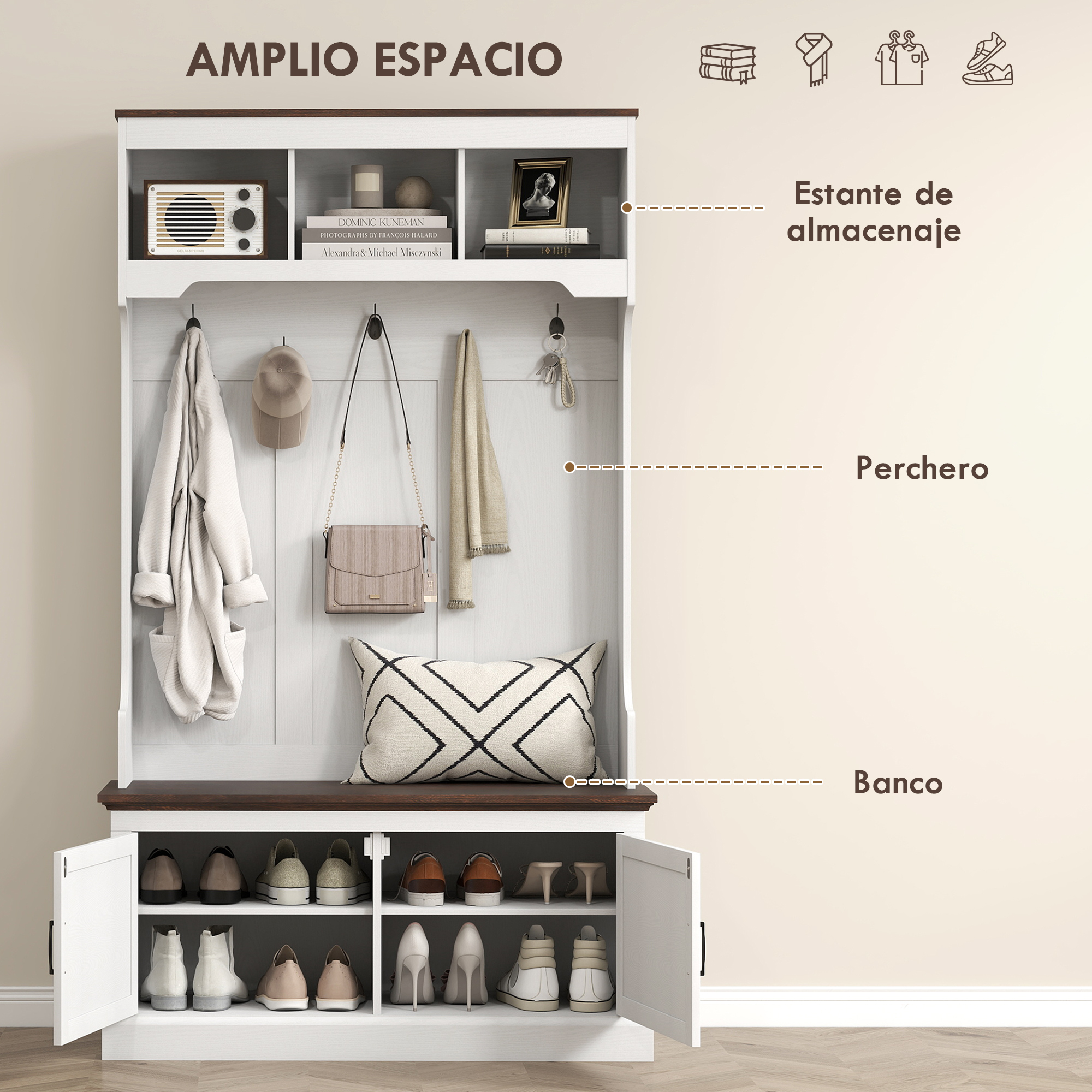 Un árbol de pasillo blanco con estantes, ganchos, banco y zapatero.