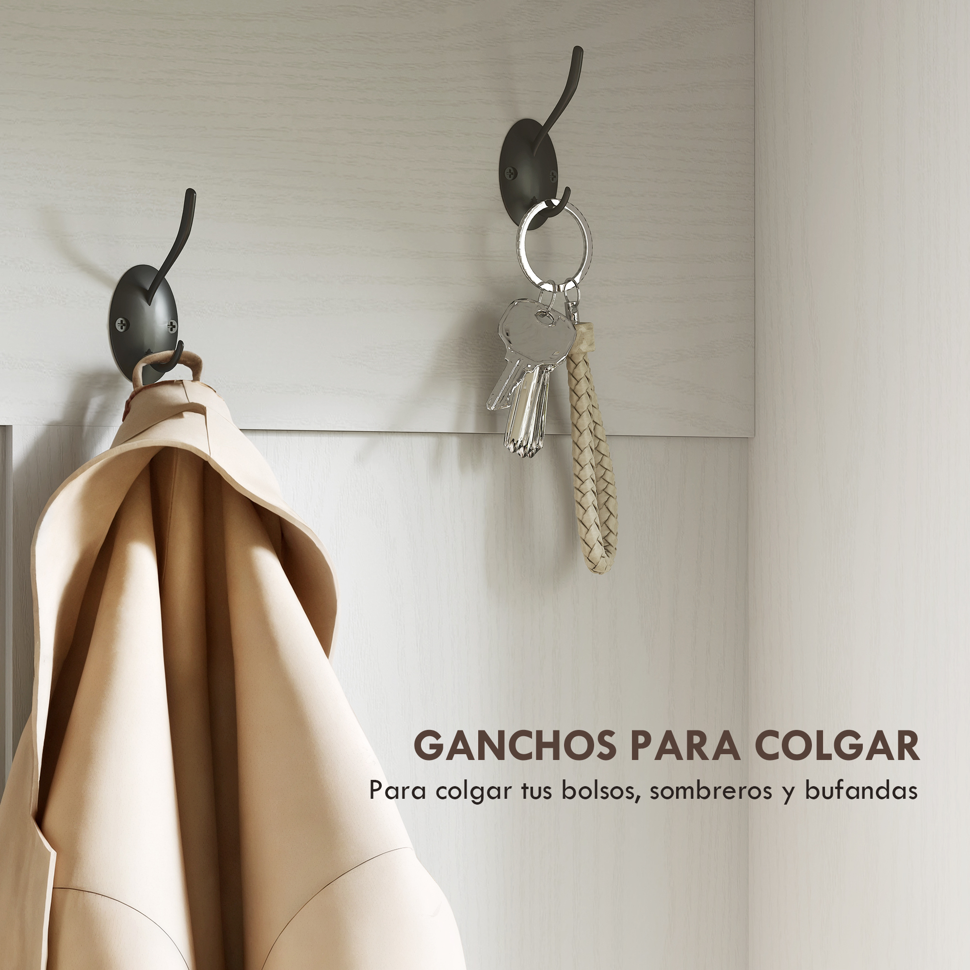 Dos ganchos de pared. Uno sostiene una chaqueta beige, el otro llaves.